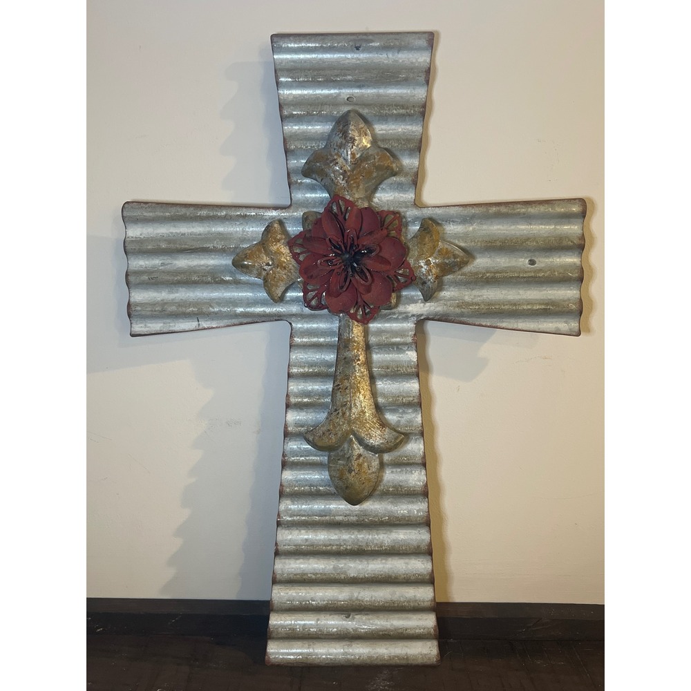 Galvanized Corrugated Metal Wall Cross with 3D Red Flower Rustic Farmhouse Decor